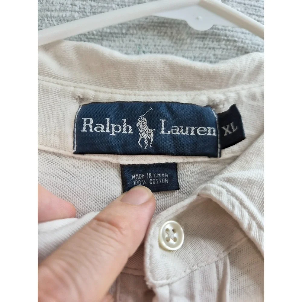 Ralph Lauren Polo Shirt Mens XL Beige Palm Tree Island Print Cotton Golf Tennis